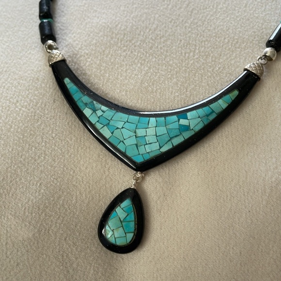 NWT Genuine Jay King Turquoise Inlay Necklace with Black Stone - Picture 2 of 7